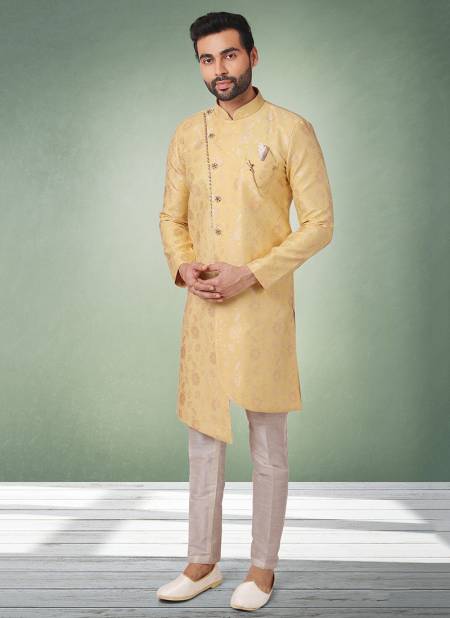 Yellow Colour Heavy Wedding Wear Jacquard Banarasi Brocade Indo Western Mens Collection 1074